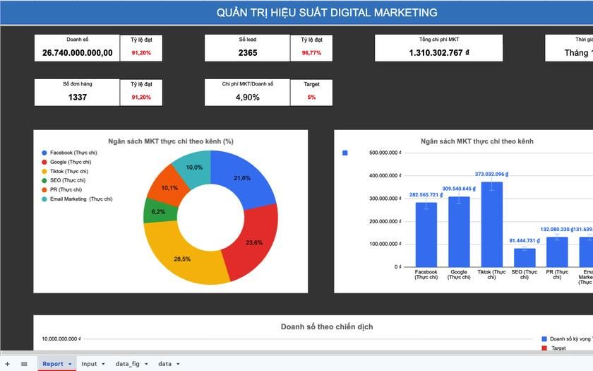 Minh họa template Báo cáo hiệu suất digital