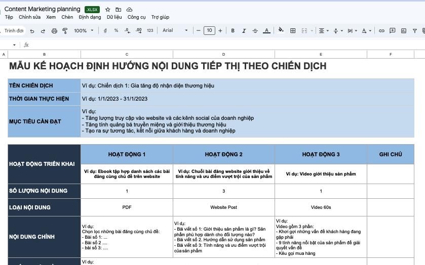 Minh họa template Mẫu kế hoạch content theo tháng