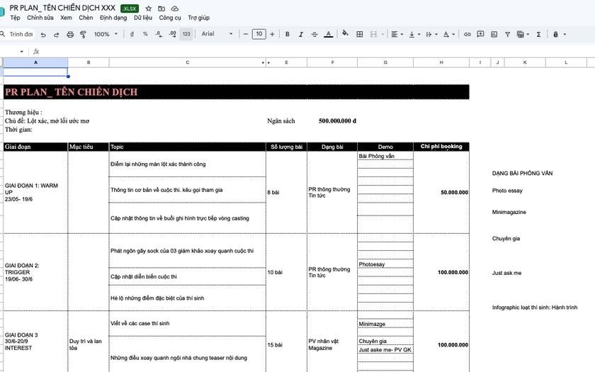 Minh họa template Mẫu kế hoạch PR Plan